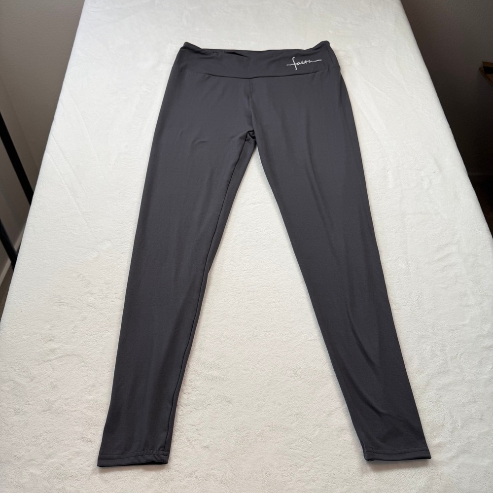 Faith Script Leggings Womens XL Gray Good High Waist Yoga Athleisure
